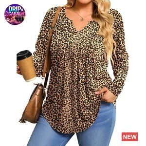 Plus Size Long Sleeve Tunic Top V-Neck Button Blouse Loose Fit Elegant